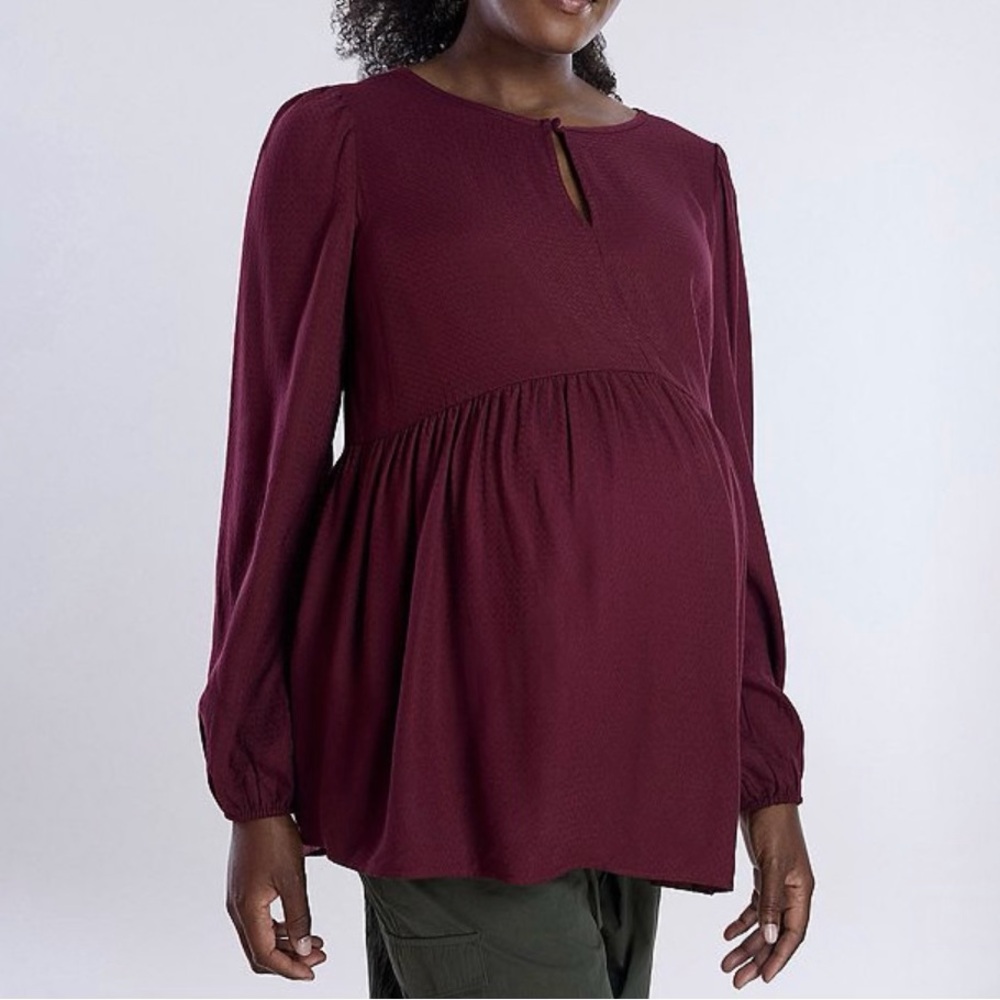 NWT - Woven Keyhole Burgundy Maternity Blouse.